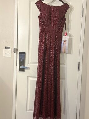 Mori Lee Burgundy Sequin Evening Gown